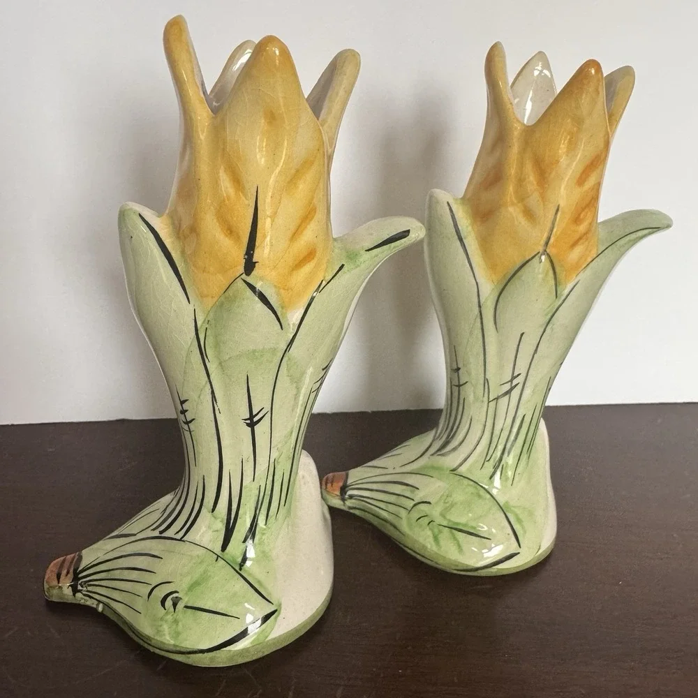 Vintage Ceramic Tulip Candle Holders Pair Made In Portugal MCM Gold Trim